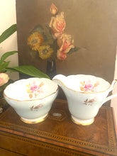 Load image into Gallery viewer, Pale aqua blue creamer and sugar bowl with delicately painted pink rose
