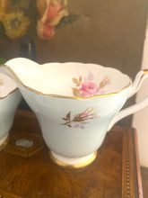 Load image into Gallery viewer, Pale aqua blue creamer and sugar bowl with delicately painted pink rose
